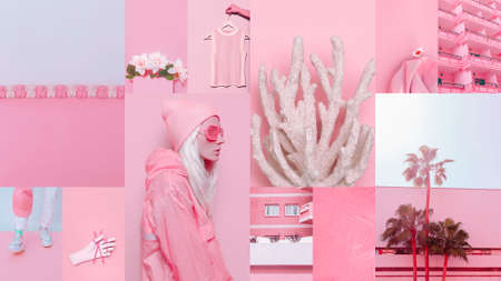 Set of trendy aesthetic photo collages. Minimalistic images of one top color. pink mood boardの写真素材