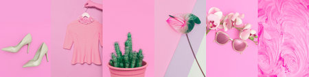 Set of trendy aesthetic photo collages. Minimalistic images of one top color. pink mood boardの写真素材