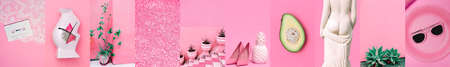 Set of trendy aesthetic photo collages. Minimalistic images of one top color. pink mood board