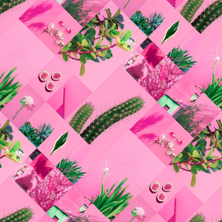 Set of trendy aesthetic photo collages. Minimalistic images of one top color. pink mood boardの写真素材