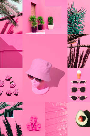 Set of trendy aesthetic photo collages. Minimalistic images of one top color. pink mood boardの写真素材