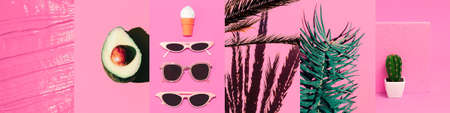Set of trendy aesthetic photo collages. Minimalistic images of one top color. pink mood boardの写真素材
