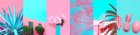 Set of trendy aesthetic photo collages. Minimalistic images of one top color. pink mood boardの写真素材