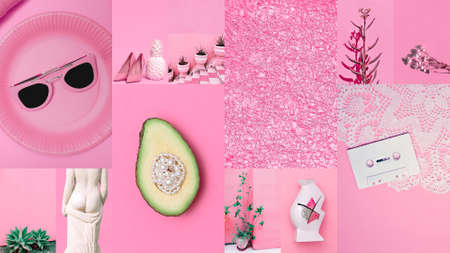 Set of trendy aesthetic photo collages. Minimalistic images of one top color. Pastel Pink mood board