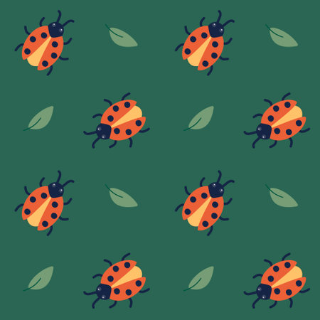 Seamless pattern with ladybug and leaves. An insect crawler among plants. Vector illustration in cartoon style.のイラスト素材