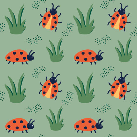 Seamless pattern with ladybugs and grass. Insects crawl among plants. Vector illustration in cartoon style.のイラスト素材