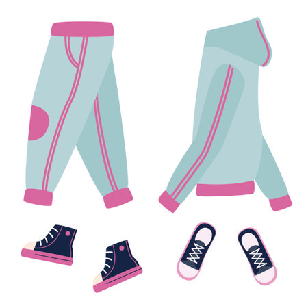 Collection of women's clothing.Vector illustration of blue jeans, sports jackets, sneakers in cartoon style. Isolated on a white background.のイラスト素材