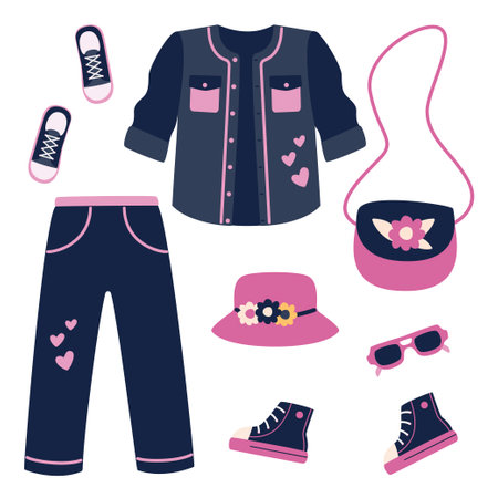 A set of clothes and shoes - jeans, denim jacket, sneakers, glasses, handbag, panama hat. Vector illustration of stylized things in cartoon style. Isolated on a light background.のイラスト素材