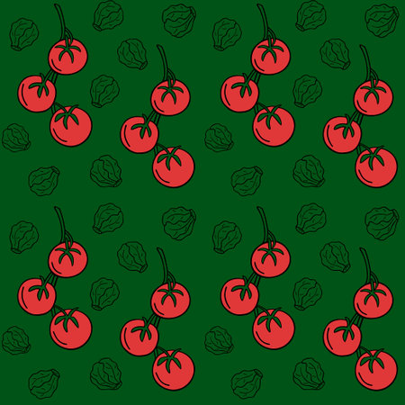 Seamless pattern with tomatoes and Brussels sprouts. Vegetables, proper nutrition. Vector pattern in a doodle style.のイラスト素材