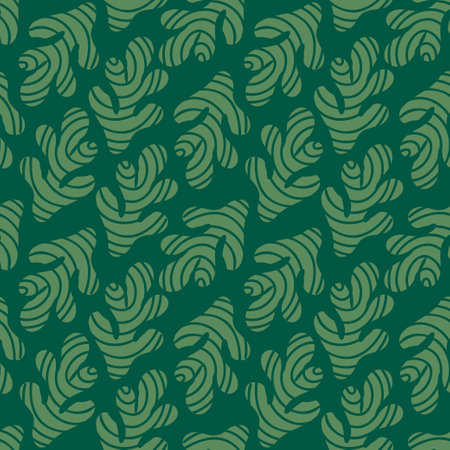 Seamless pattern with green leaves. Plants with texture are spread on a green background. Vector illustration in doodle style.のイラスト素材