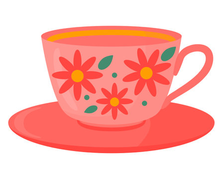 The cup and saucer are empty with a pattern of flowers and leaves. Color flat vector illustration isolated on a white background.のイラスト素材