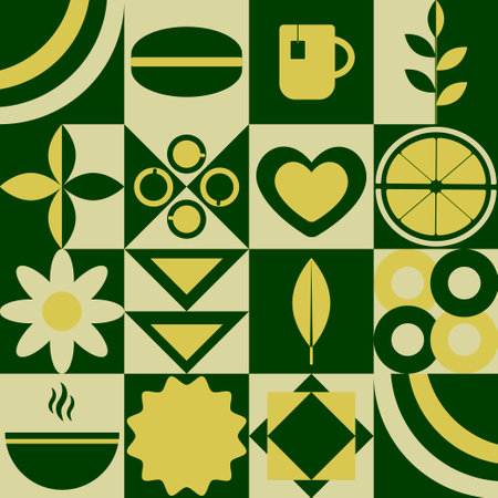 Background of icons in a flat geometric BAUHAS style. abstract signs. Tea, a cup of tea, lemon, sun....