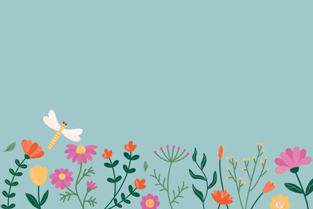 Background of the flowers located at the bottom. A bouquet of stylized plants in the flat style. Dragonfly. Space for text. Vector illustration on a blue background.のイラスト素材