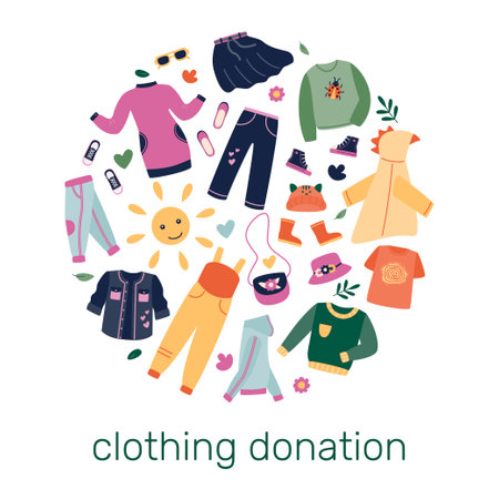 A concept on the topic of donating clothes. Jeans, dress, shoes, sweaters, skirt, T-shirt, hat. vector illustration.のイラスト素材