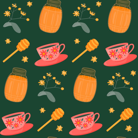 Seamless pattern with a cup, a jar of honey, a sprig of lime. Vector pattern in a flat view.のイラスト素材