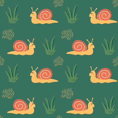 Seamless snail and grass pattern. An insect crawler among plants. Vector illustration in cartoon style.のイラスト素材
