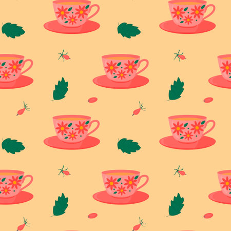Seamless pattern with cup and saucer and fruit tea, hawthorn and mint leaves. vector image.のイラスト素材