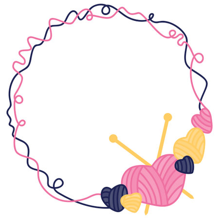 Vector frame made of yarn in the form of hearts with knitting needles. Knitting threads, knitting needles. Multi-colored frame in a flat style.のイラスト素材