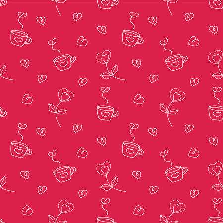 Seamless pattern with cup, heart plant and small hearts. Seamless vector pattern in doodle style. Template for fabric, textiles, wrapping paper, wallpaper and other decorations.のイラスト素材