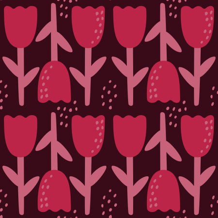 Seamless pattern with abstract flowers, shapes and dots on a dark background in a love theme. monochrome color. Vector illustration in the style of minimalism.のイラスト素材