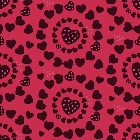Seamless pattern with hearts arranged in a circle on a pink background in a love theme. monochrome color. Vector illustration in the style of minimalism.のイラスト素材