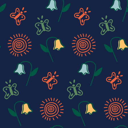 Seamless pattern with flowers, sun and butterflies on a dark blue background. insects and plants. Vector illustration in doodle style.のイラスト素材