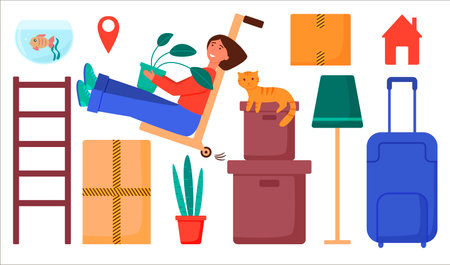 The concept of resettlement. A set of elements for relocation - boxes, a suitcase, a shelf, plants, a cat, a fish in an aquarium. I'm moving into a new house. Isolated flat vector illustrationのイラスト素材