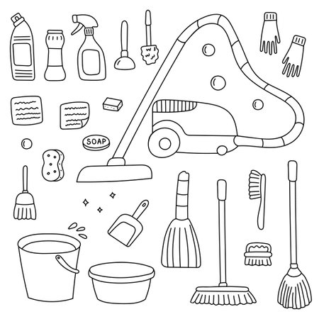 A set of cleaning accessories - vacuum cleaner, bucket, basin, mop, broom, brushes, cleaning products, rags, sponges. Vector illustration in doodle style. isolated on a white background.のイラスト素材