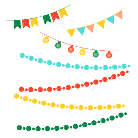 A set of Christmas tree garlands of lanterns and flags. A set of Christmas tree beads. Decoration for the Christmas tree. vector drawing.のイラスト素材