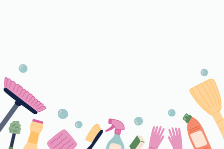 Background with space for text. Cleaning agent, mop, rubber gloves, broom, toilet brush, sponges and cleaning cloths, bubbles. Doodle-style cleaning tools. vector illustration.のイラスト素材