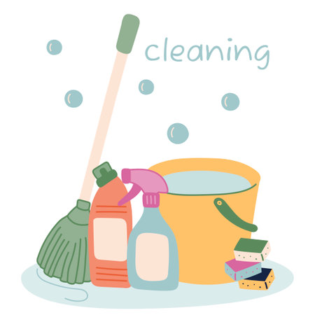 Background with the inscription Cleaning. A bucket of water, de-sanitizers, a mop, sponges. Tools for homework in the doodle style. vector illustration.のイラスト素材
