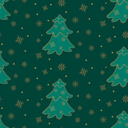 Vector seamless pattern of Christmas trees and snowflakes on a dark background.のイラスト素材