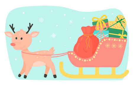 Vector drawing of a deer and Santa Claus's sleigh carrying gifts. isolated on a white background.のイラスト素材
