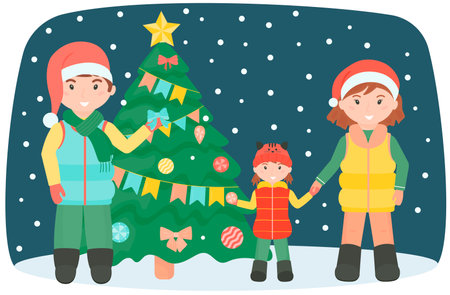 Dad, mom and daughter decorate a Christmas tree on the street. Family spruce decoration for celebrating winter holidays in a flat style. vector illustration.のイラスト素材