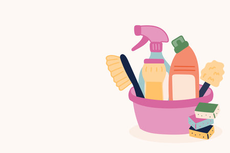 Background with cleaning products - basin, sanitary products, brush, toilet brush, cleaning sponges. Detergents in the doodle style. vector illustration.のイラスト素材