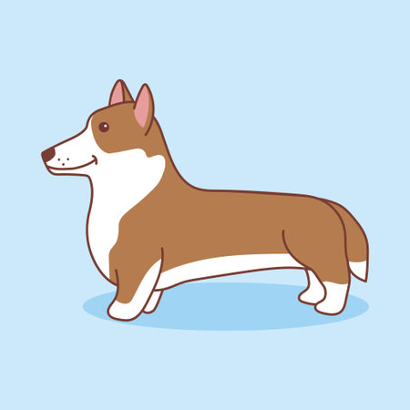 Corgi stands straight, looks forward, side view. Vector illustration of a pet in cartoon style. Isolated illustration of a dog on a blue background.のイラスト素材