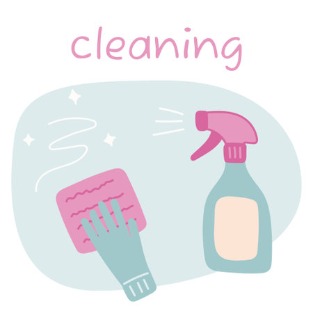 Background with the inscription Cleaning. Spray, rubber gloves, washing glass with a rag. Detergents in the doodle style. vector illustration.のイラスト素材