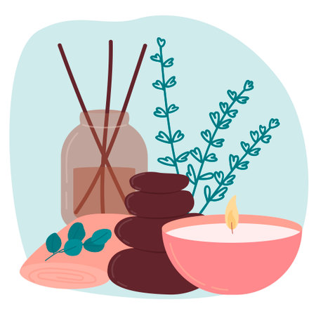 The composition for the spa and wellness salon is a glass bottle with incense sticks, a towel, a candle and stones. Color flat vector illustration isolated on a white background.のイラスト素材