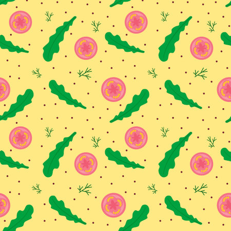 Food background, seamless pattern of arugula and tomatoes. healthy eating. Vegetarian, vector illustration of a farmer's grocery store, light yellow color.のイラスト素材
