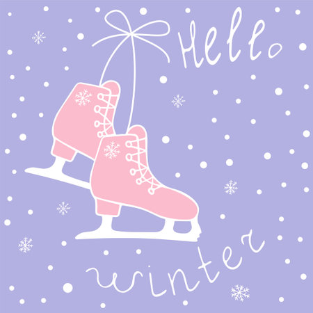 Vector winter background - curly skates in the doodle style on a background of snowflakes. hello winter.のイラスト素材
