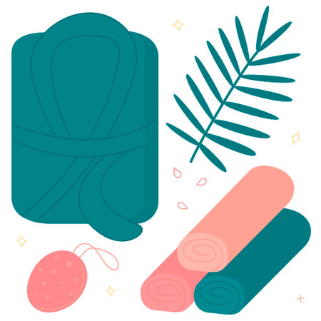 A set for the bathroom and spa - a terry bathrobe, colorful towels, a washcloth and a sprig of a plant. Color flat vector illustration, isolated.のイラスト素材