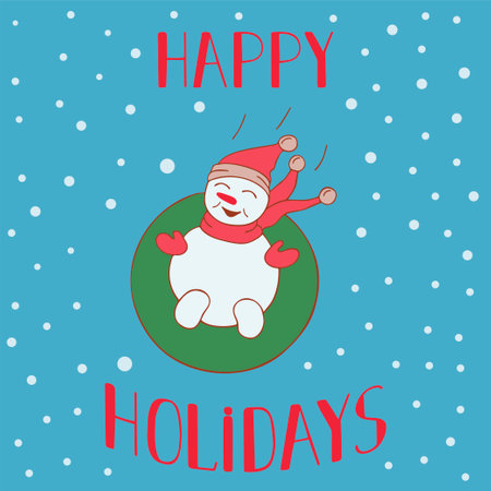 Happy holidays. Poster with a snowman on a doodle-style tubing on a blue background with snowflakes, vector template., Poster invitation to winter outdoor activities, tubing, vector illustrationのイラスト素材
