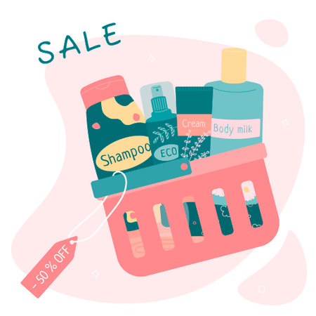 Flat vector illustration of a consumer basket for the sale of cosmetics. Skin care products - shampoo, body milk, lotion, cream. Advertising banner, poster, discounts.のイラスト素材