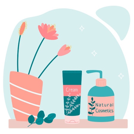 A set of elements for the home and bathroom - a vase with flowers, cream, organic cosmetics. Packaging for natural cosmetics - jar, bottle, tube. Color flat vector illustration, isolated.のイラスト素材