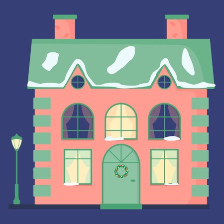 City and village house with windows, tiles, chimneys. street lamp. A Christmas house in the snow and with a Christmas wreath on the door. Color flat vector illustration, isolated.のイラスト素材