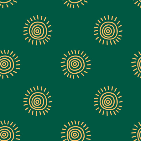Seamless pattern with abstract sun on green background. Vector illustration in doodle style.