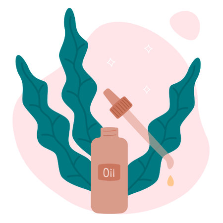 A set of elements for the home and bathroom - body oil. An open bottle with a pipette, a drop of oil. Color flat vector illustration, isolated.のイラスト素材