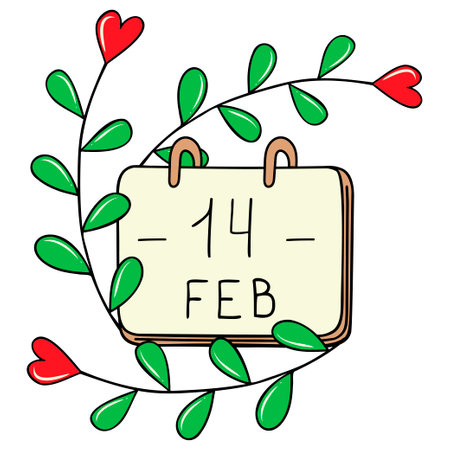 A composition of hand-drawn vector images for Valentine's Day. Decoration for Valentine's Day. A flower with a heart. Desktop calendar with the date February 14.のイラスト素材