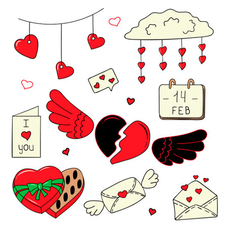 A set of elements - a broken heart, wings, an envelope, an SMS message, a box of chocolates, a calendar with the date February 14, a pendant of hearts. A set of elements for the holiday of all lovers.のイラスト素材