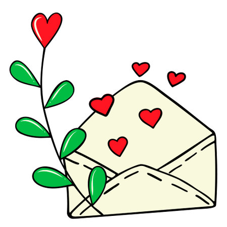 A composition of hand-drawn vector images for Valentine's Day. Decoration for Valentine's Day. A flower with a heart. An open envelope with hearts.のイラスト素材